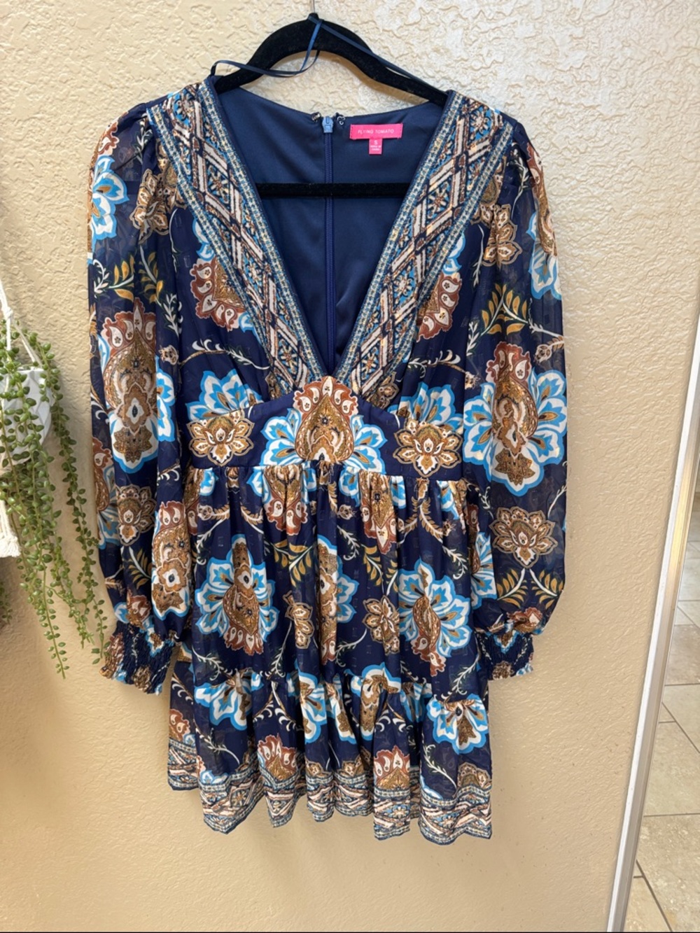 Flying Tomato Navy Blue Brown Floral Asymmetrical Dress